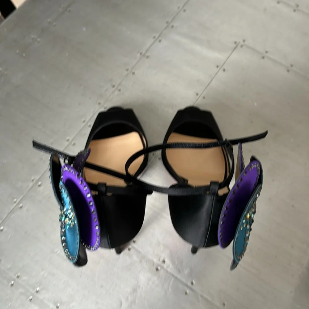 Christian Louboutin pensamoi black satin crystal peep toe stiletto RARE sz 38